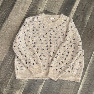 Maurices Beige Crewneck Sweater with Navy & Light Blue Detail With Shimmer